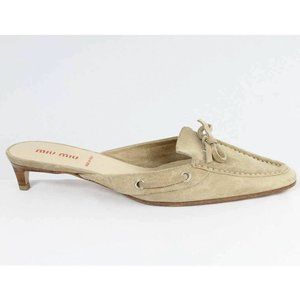 Miu Miu Beige Suede Pointed Toe Kitten Heel Mules